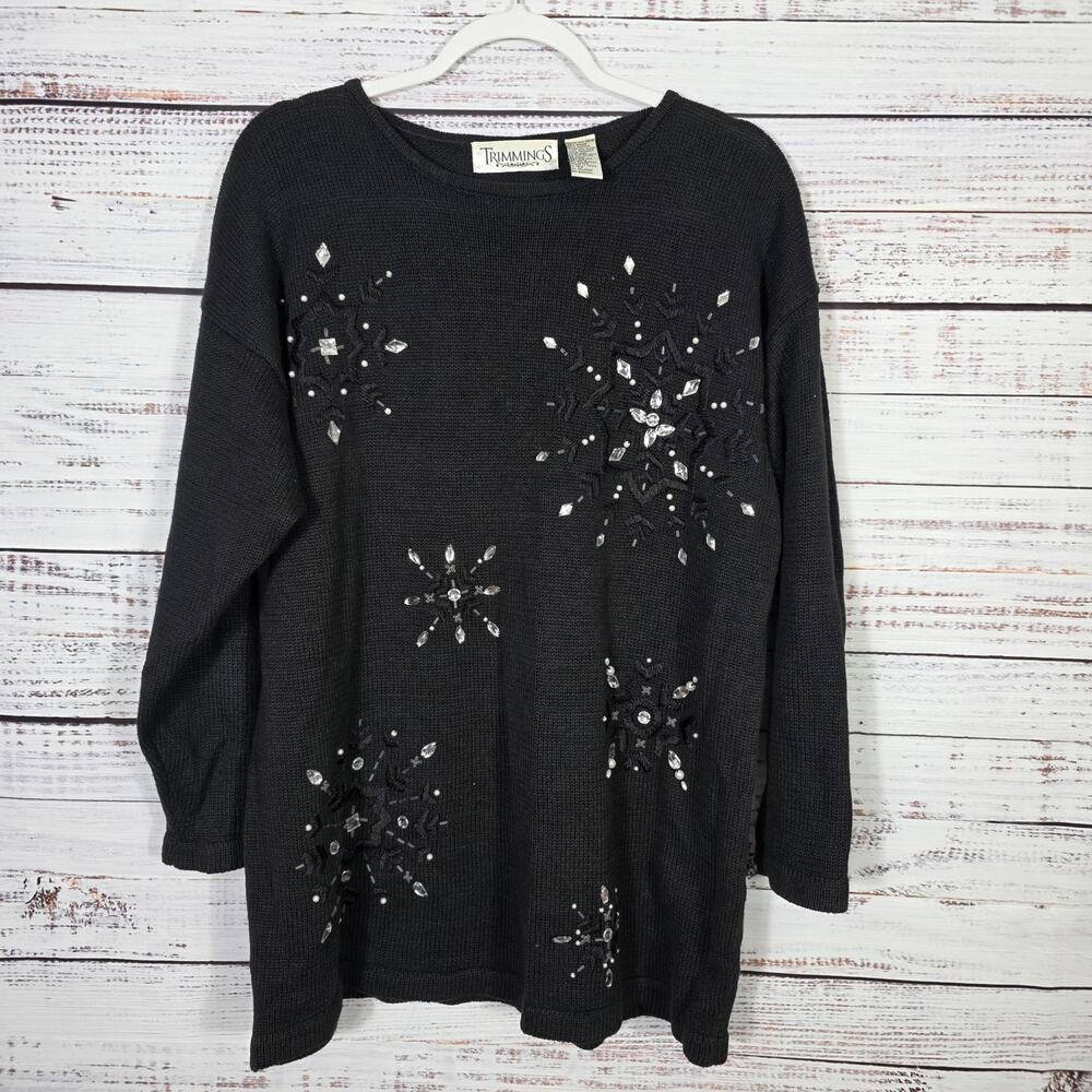 Vintage Trimmings Women's Black Rhinestone Snowflakes Sweater Size 18W